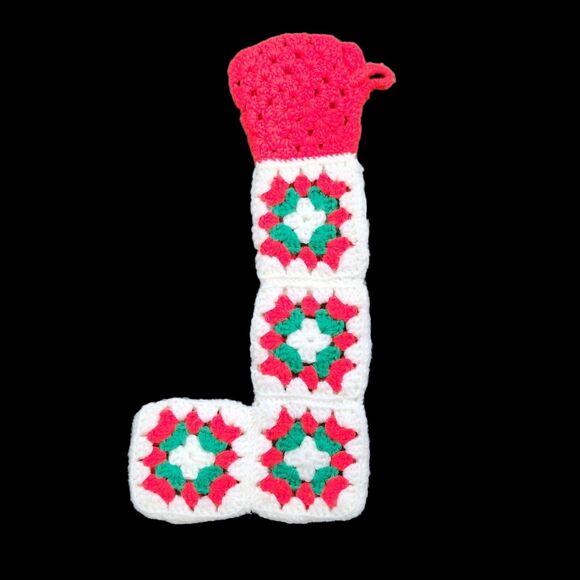 VTG Christmas Stocking Crochet Granny Square Red White Green Holiday Handmade - Picture 2 of 5